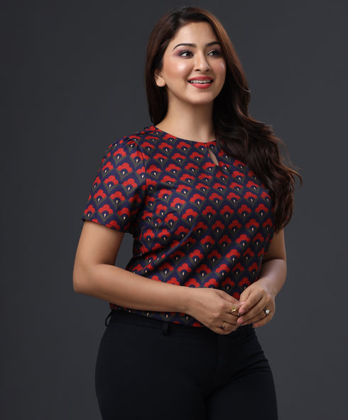 Tiny Front Peek-A-Boo Printed Red Top