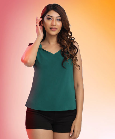 Sleeveless Detailed Gathered Green Chiffon Top