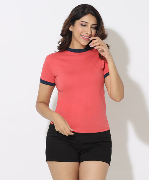 Neck And Sleeve Contrast Orange Tshirt