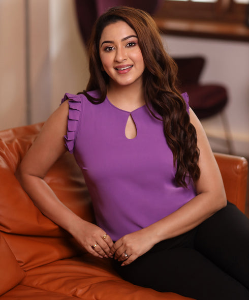 Sleeveless Frilled Front Teardrop Purple Top