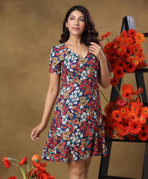 Waistless Vneck Short Printed Navy Dress