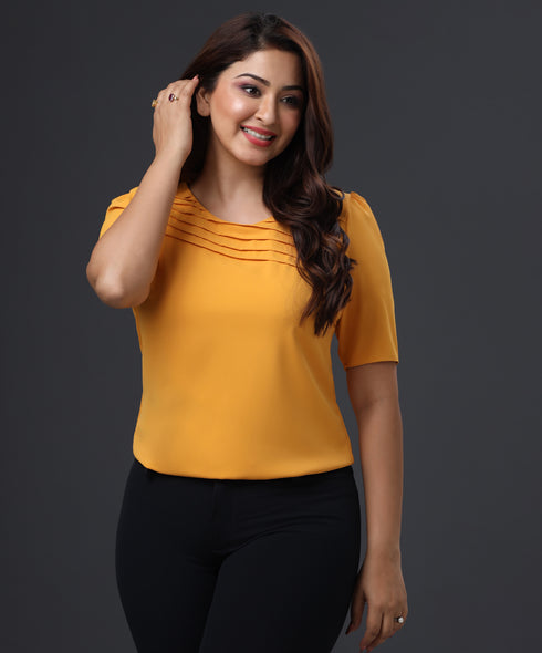 Pleated Half Sleeve Chiffon Mustard Top