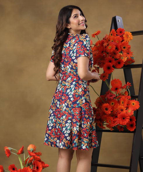 Waistless Vneck Short Printed Navy Dress