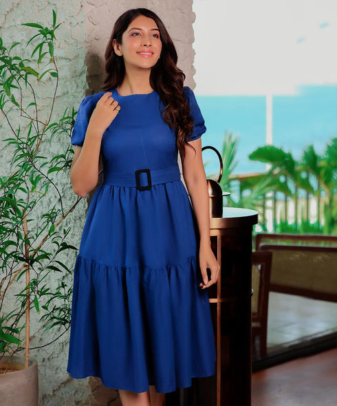 Puffed Sleeve Linen Blue Dress