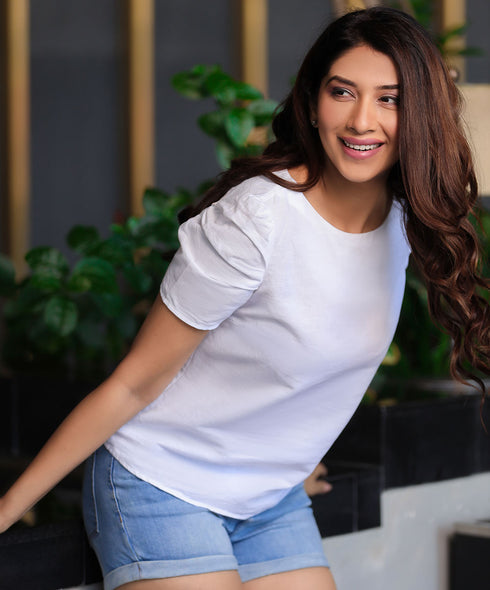 Puffed Sleeve Formal White Linen Top