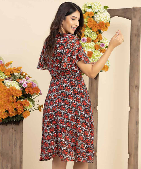Million Button Flared V-Neck Printed Dress