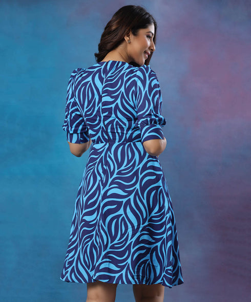 Puffed Sleeve Printed Floral Blue Dress