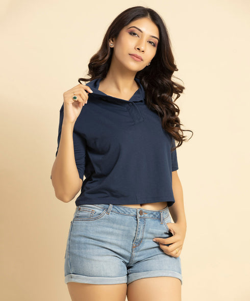 Daily Solid Button Front Crop Tee-Navy
