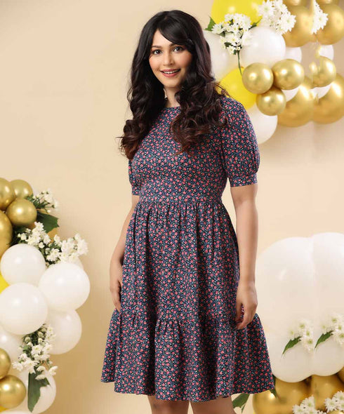 Puffed Sleeve Paneled Printed Dress