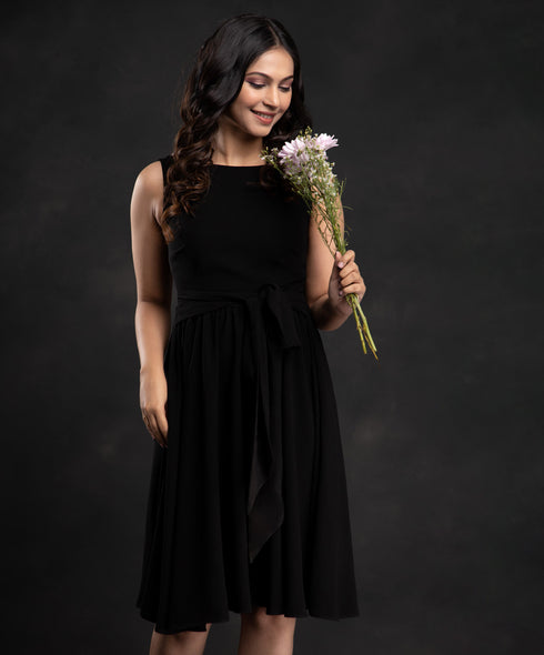 Black Belt Waist Tie Skater Dress