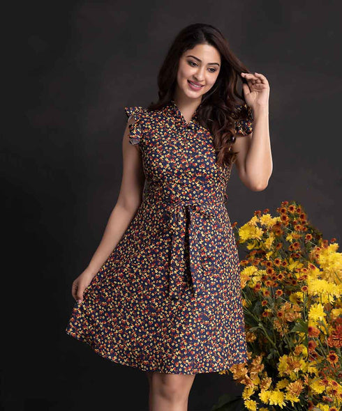 Yellow And Red Printed Chiffon Dress