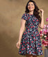 Waistless Short Sleeve Printed Navy Dress