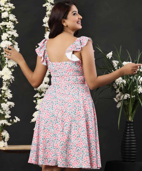 Square Necked Printed Sleeve Frilled Dress