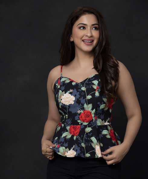 Bra Cut Peplum Red Bloom Top