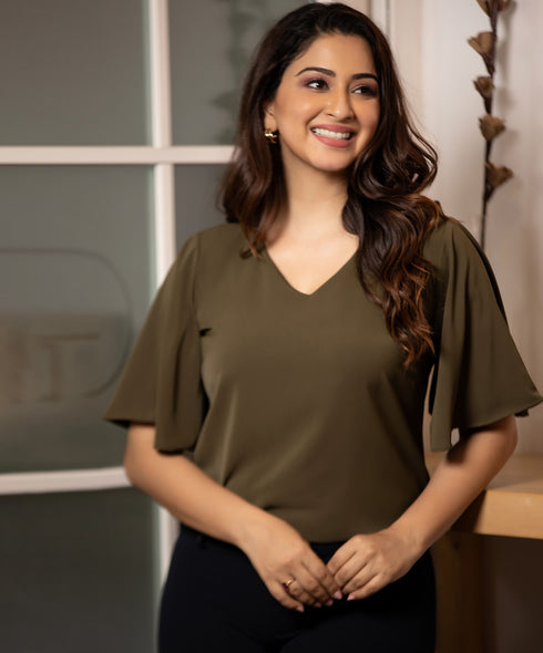 Green V Neck Butterfly Sleeve Top