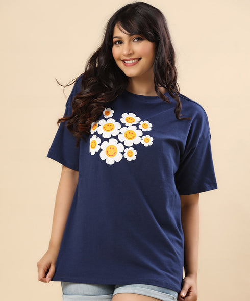 Floral Printed Oversized Navy Tshirt
