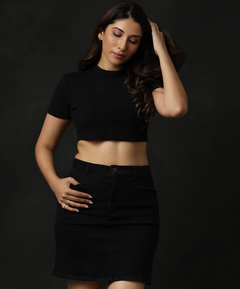 Black Straight Pocket Denim Skirt