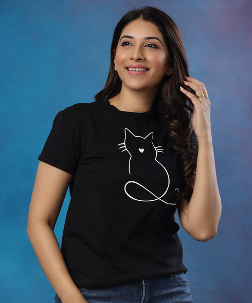 Lineart Cat Printed Short Sleeve Tshirt