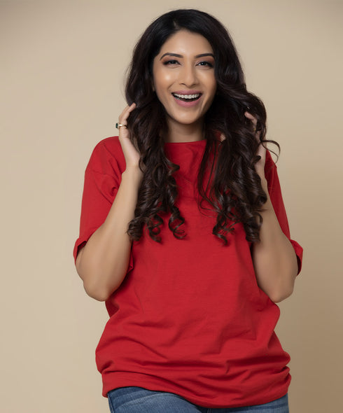 Red Solid Drop Shoulder Tshirt