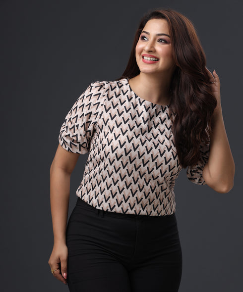Printed Half Sleeve Beige Top