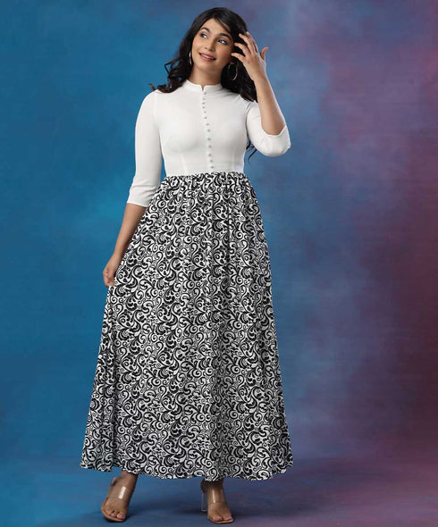 Two Tone Printed Buttoned Maxi Dress