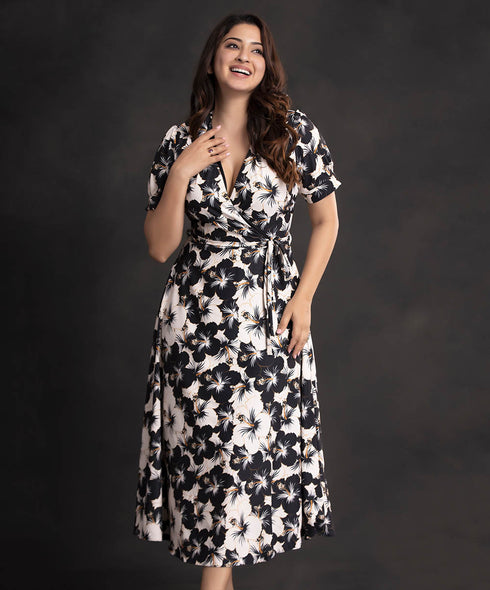 Black Beige Hibiscus Floral Midi Dress