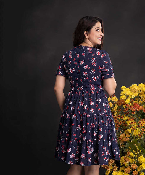 Blue Base Printed Loose Fitted Dress