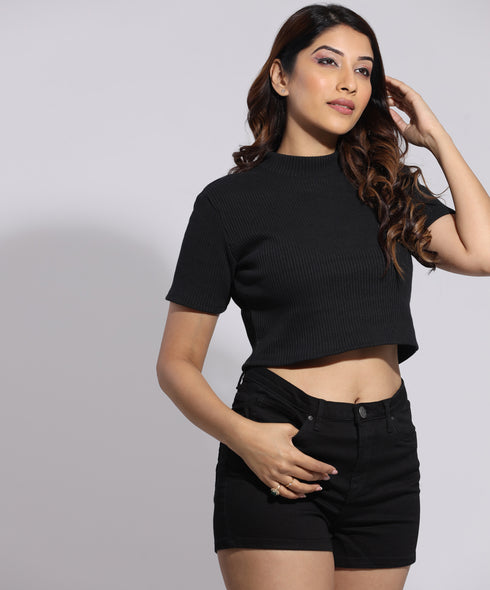 High Neck Rib Black Crop Tee