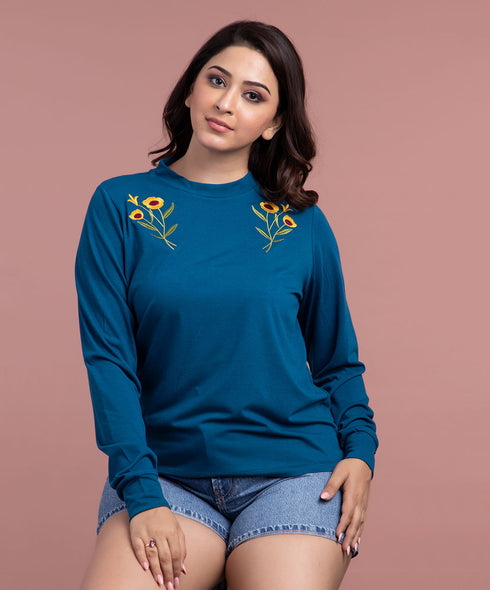 Embroidery Floral Long Sleeve Teal Tshirt