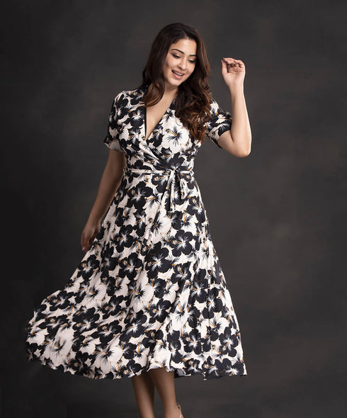 Black Beige Hibiscus Floral Midi Dress