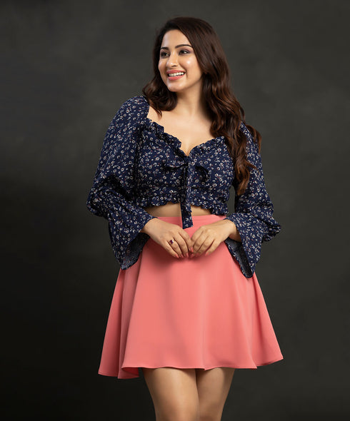 Retro Square Floral Drawstring Crop Top