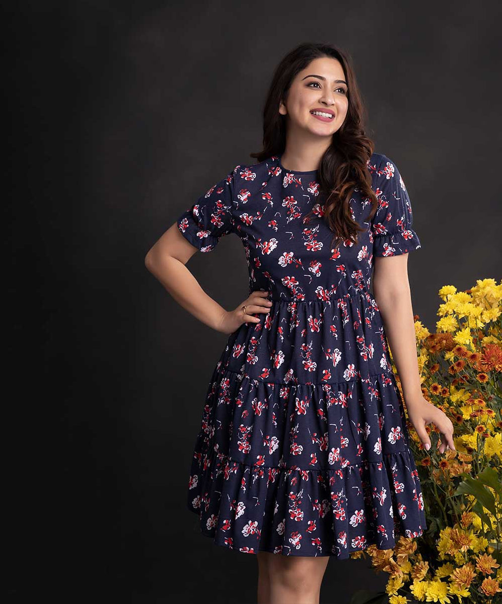 Blue Base Printed Loose Fitted Dress – Zigzag