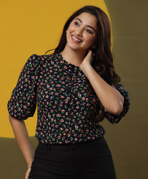 Front Button Puffed Sleeve Navy Top