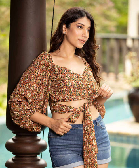 Bell Sleeve Printed Waist-Tie Chiffon Top