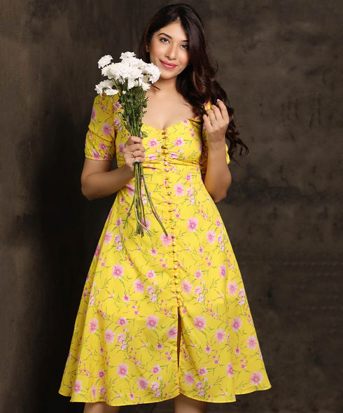 Sleeve Detailed Front Buttoned Midi Dress