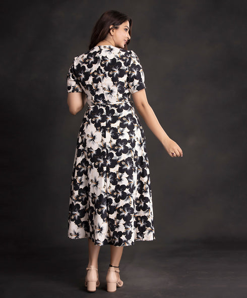 Black Beige Hibiscus Floral Midi Dress