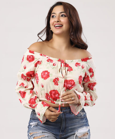 Off Shoulder Printed Long Sleeve Top