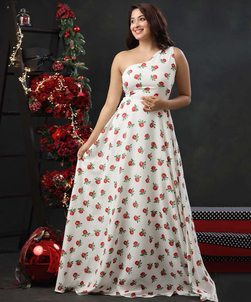 One Shoulder Printed Chiffon Maxi Dress