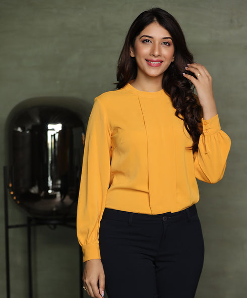 Long Sleeve Front Pleated Mustard Top
