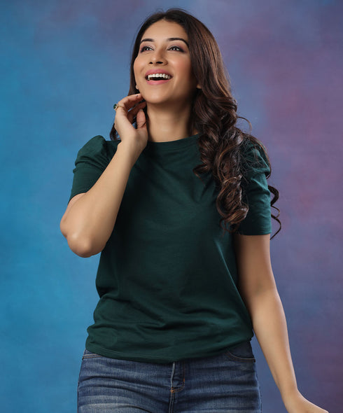 Sleeve Puffed Crew Neck Green Tshirt