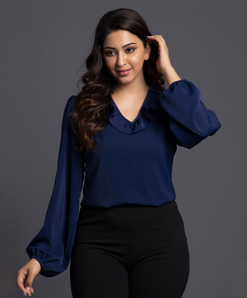 Navy Blue Long Sleeve Chiffon Top