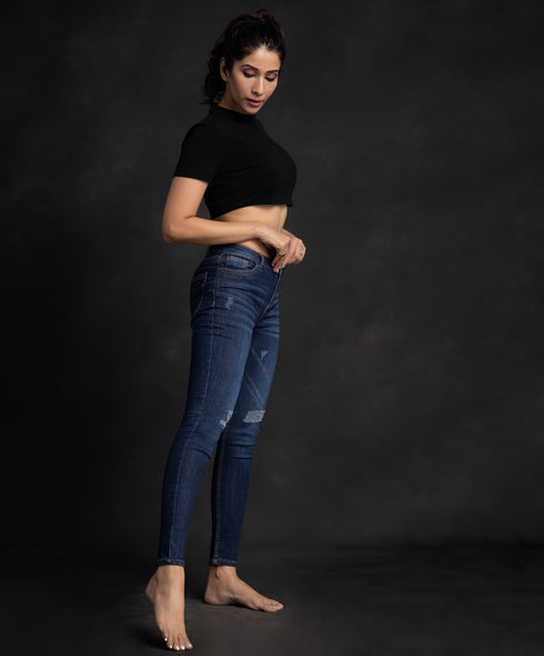 Dark Wash Knee Distressed Mid Waist Jean