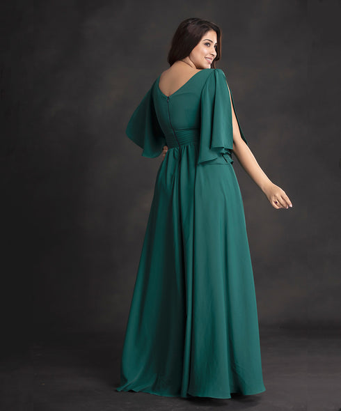 Green Front Slit Sleeve Flared Maxi