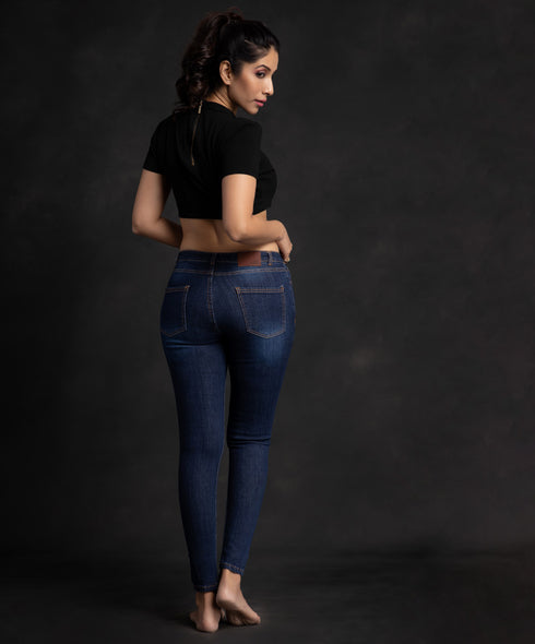 Dark Wash Knee Distressed Mid Waist Jean