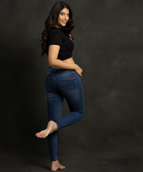 Mid Waist Shredded Dark Blue Jean