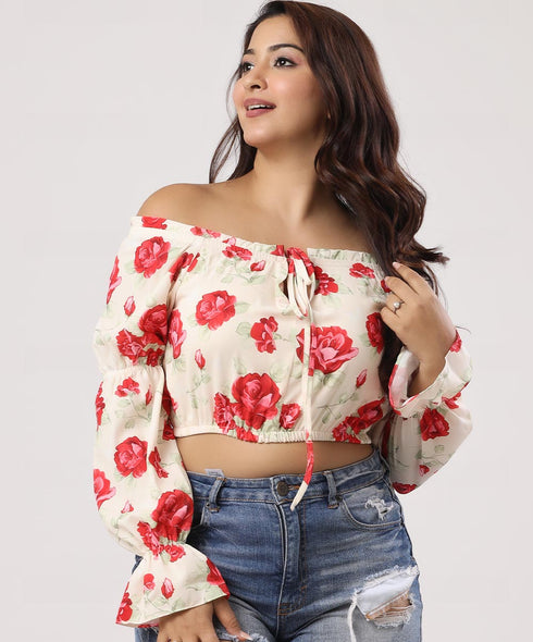 Off Shoulder Printed Long Sleeve Top