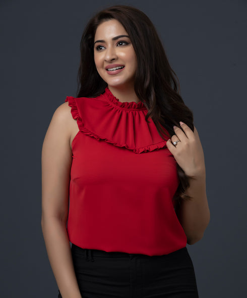 Sleeveless Small Frilled Red Top
