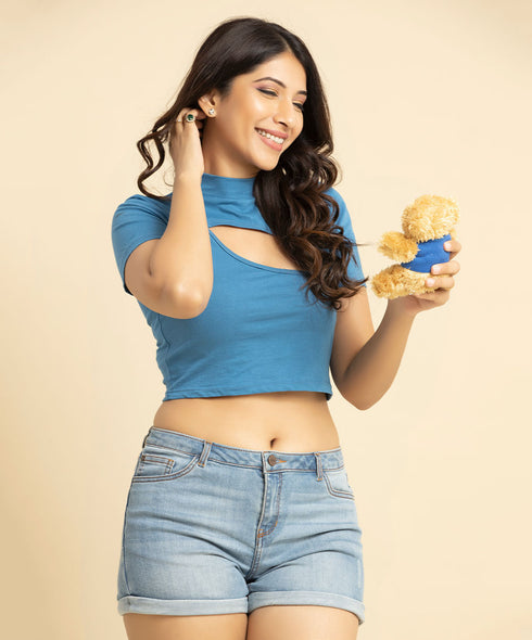 Mock Neck Blue Cutout Tee