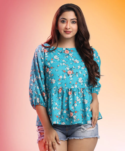 Split Sleeve Floral Peplum Blue Top