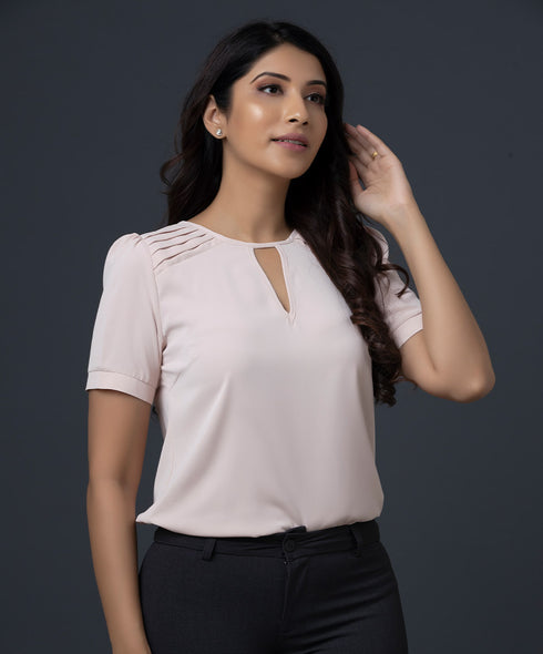 Beige Shoulder Pleat Detailed Top